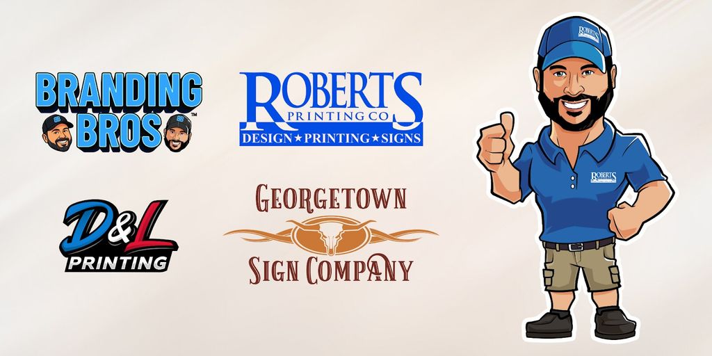 Logos for Branding Bros, Roberts Printing, D&L Printing, and Georgetown Sign Company, alongside a cartoon mascot in blue uniform.