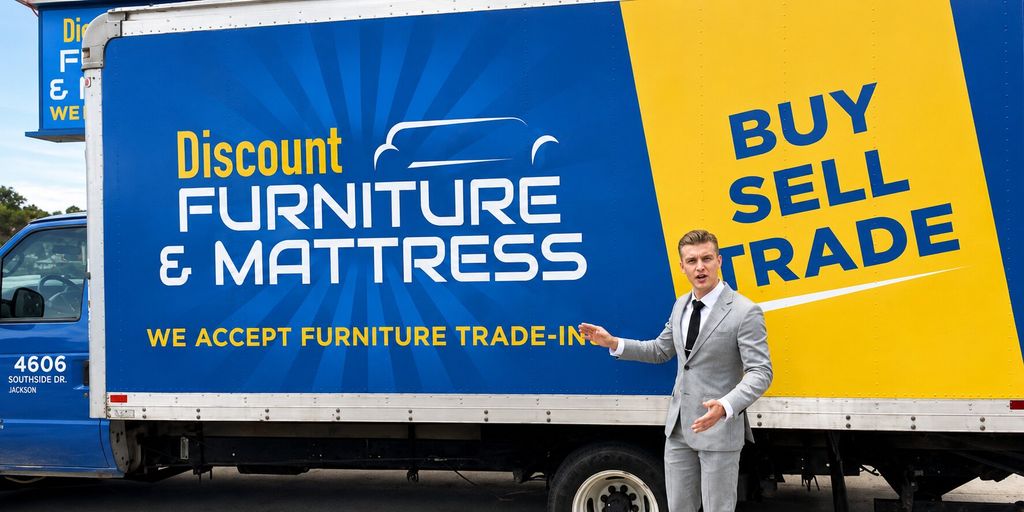 Brayden Bass standing beside a Discount Furniture & Mattress delivery truck in Surfside Beach.
