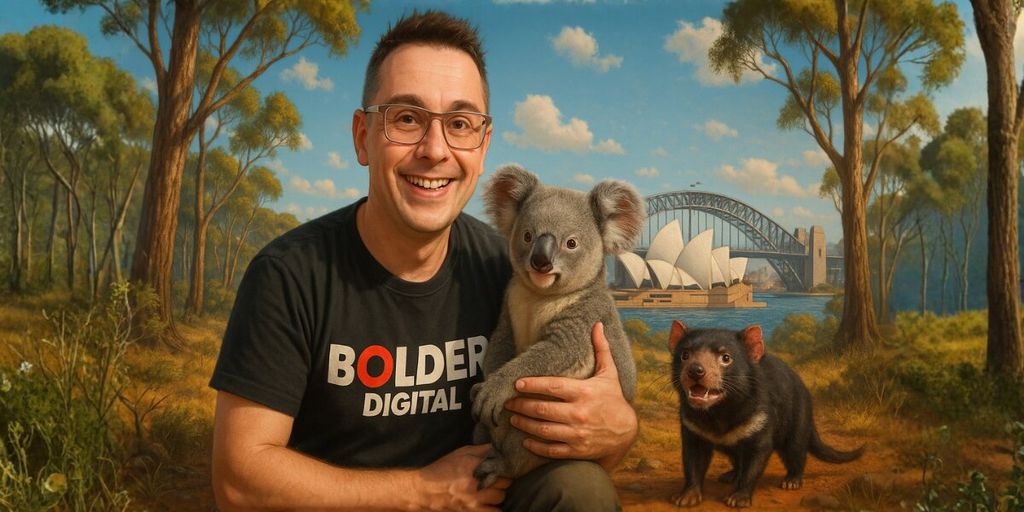 A man cradles a koala with Sydney's famous bridge in the background, highlighting Australia's unique wildlife and cityscape.