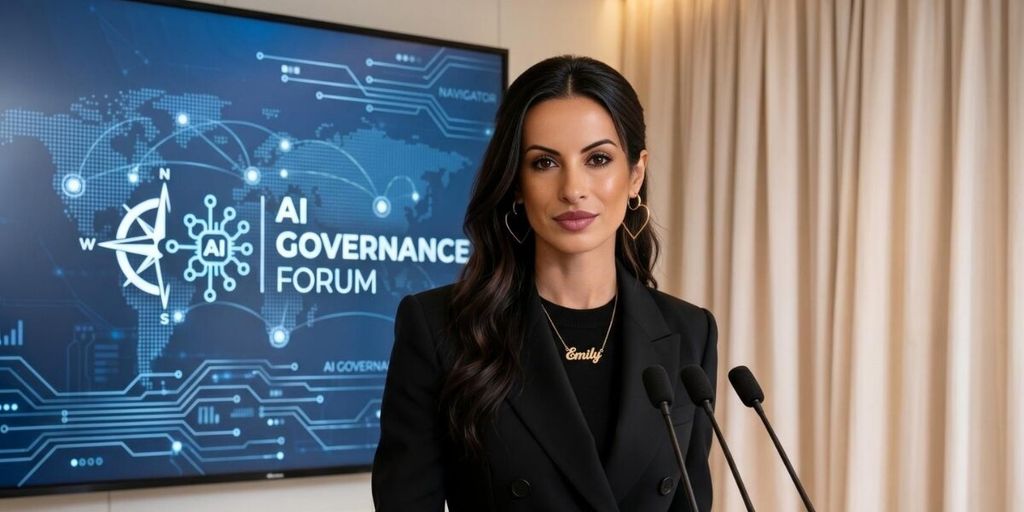 Woman speaking at podium before AI Governance Forum display highlighting enterprise AI governance and authorization concepts.
