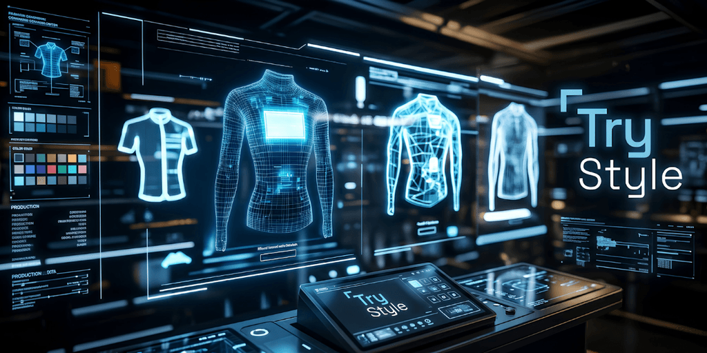 A digital interface showcasing virtual clothing try-on technology for fashion e-commerce.