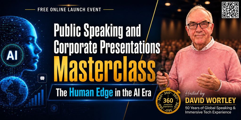 Promotional banner for David Wortley’s AI-era public speaking masterclass on human-centred innovation and technology.