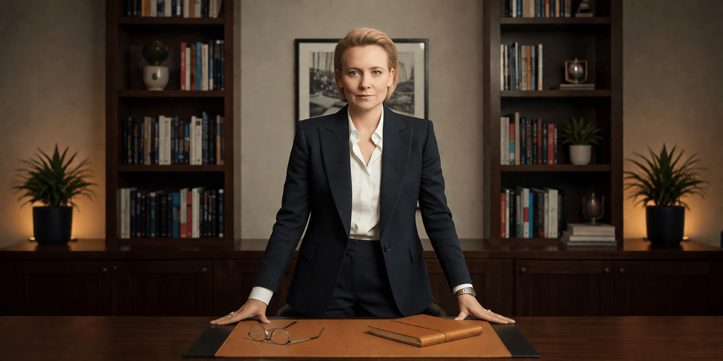 Confident businesswoman standing behind a desk in a professional office library setting.