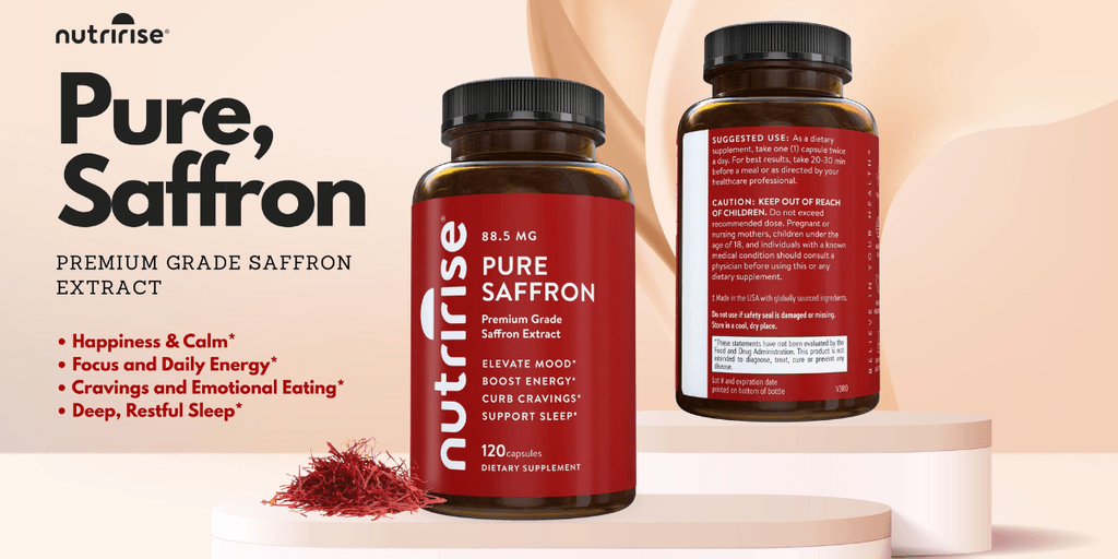 NutriRise Pure Saffron supplement bottle with premium saffron extract capsules and wellness benefits.
