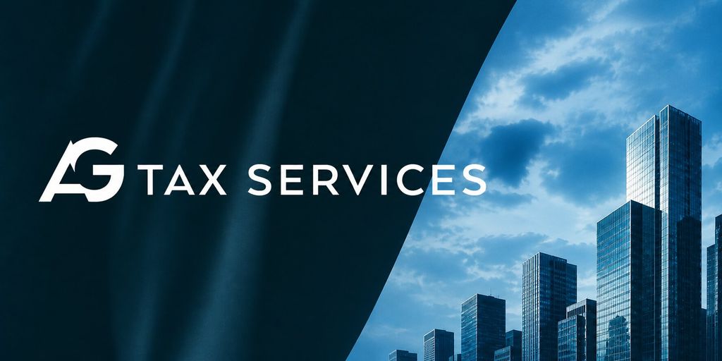 AG Tax Services logo beside a modern city skyline, representing strategic tax planning and business advisory services for growing companies.