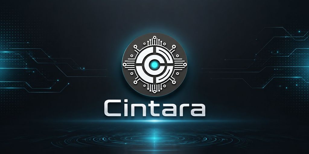 Cintara logo with futuristic circuit design glowing on dark blue digital background.