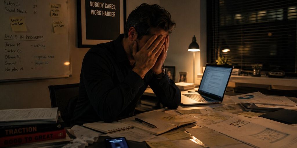 Exhausted businessman overwhelmed by late-night workload and missed sales opportunities at cluttered desk.