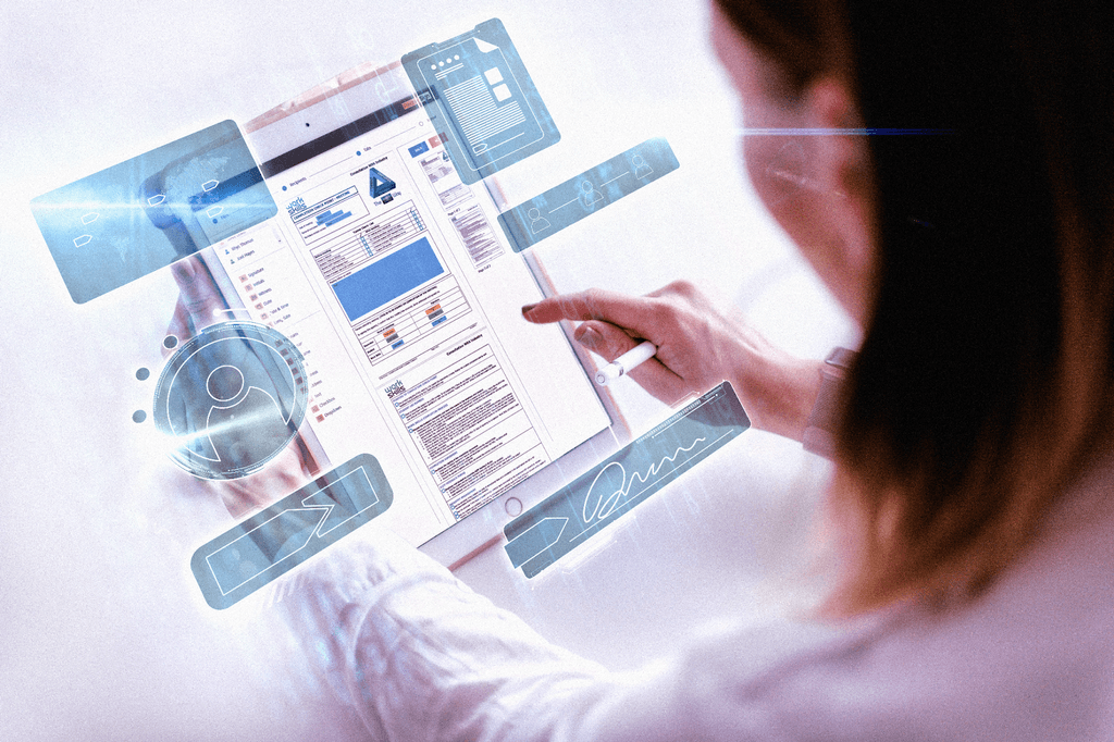 User interacting with PleaseSign's e-signature platform on a tablet, enhancing workflow efficiency.