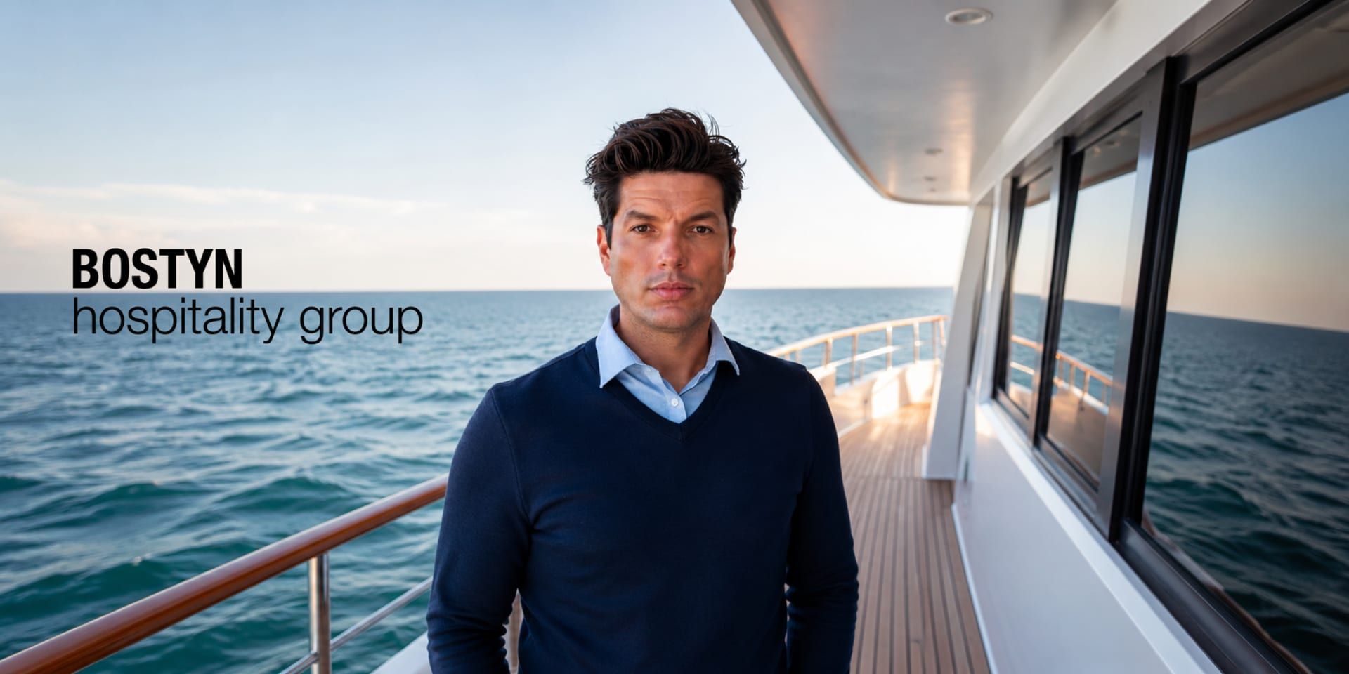 Executive standing aboard a yacht overlooking the ocean with Bostyn Hospitality Group logo.