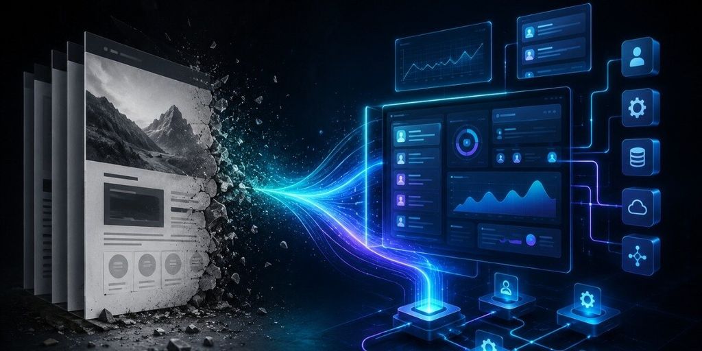 Illustration of website content transforming into integrated business dashboards, automation workflows, and connected digital systems.
