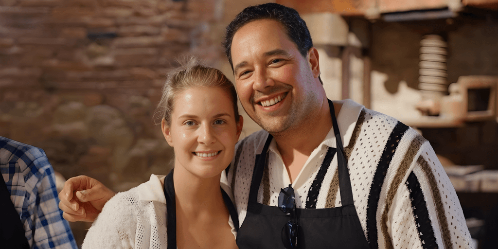Couple smiling together during a culinary experience on a Jewish heritage tour in Spain.