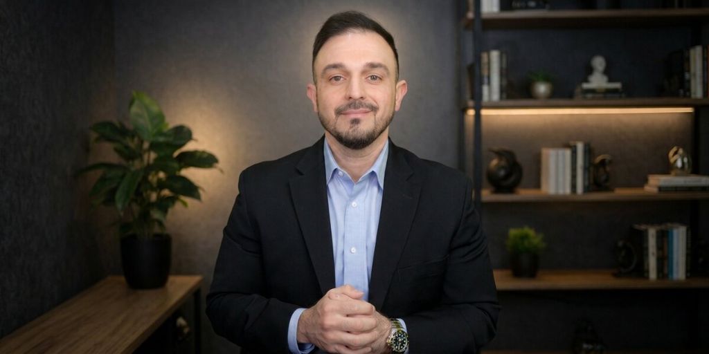 Adam Shoar in business attire standing in an office, promoting AI-supported automotive finance training.