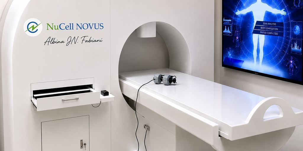 NuCell NOVUS medical biophysics scanning system with patient table and diagnostic display in a modern clinical setting.