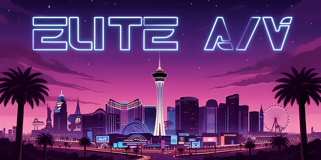 Elite A/V logo above a stylized Las Vegas skyline at sunset.