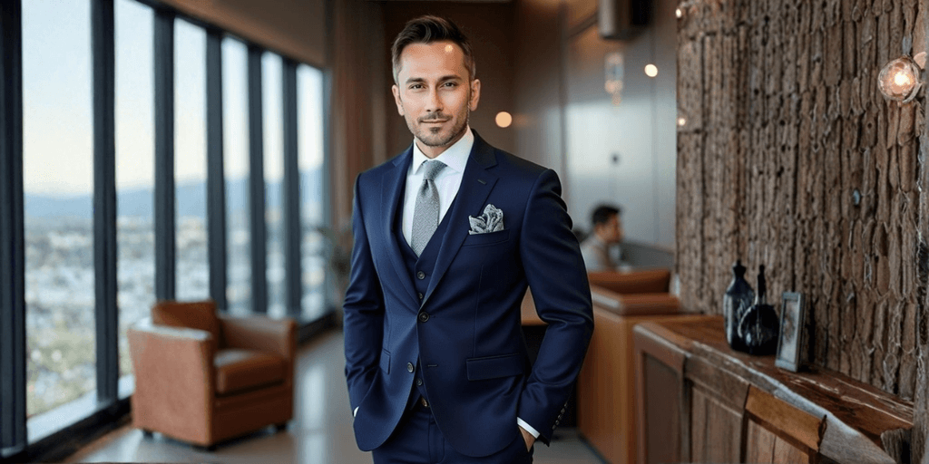 Nick Barua in a navy suit at a modern office, symbolizing Japan’s tech innovation and scientific investment leadership.