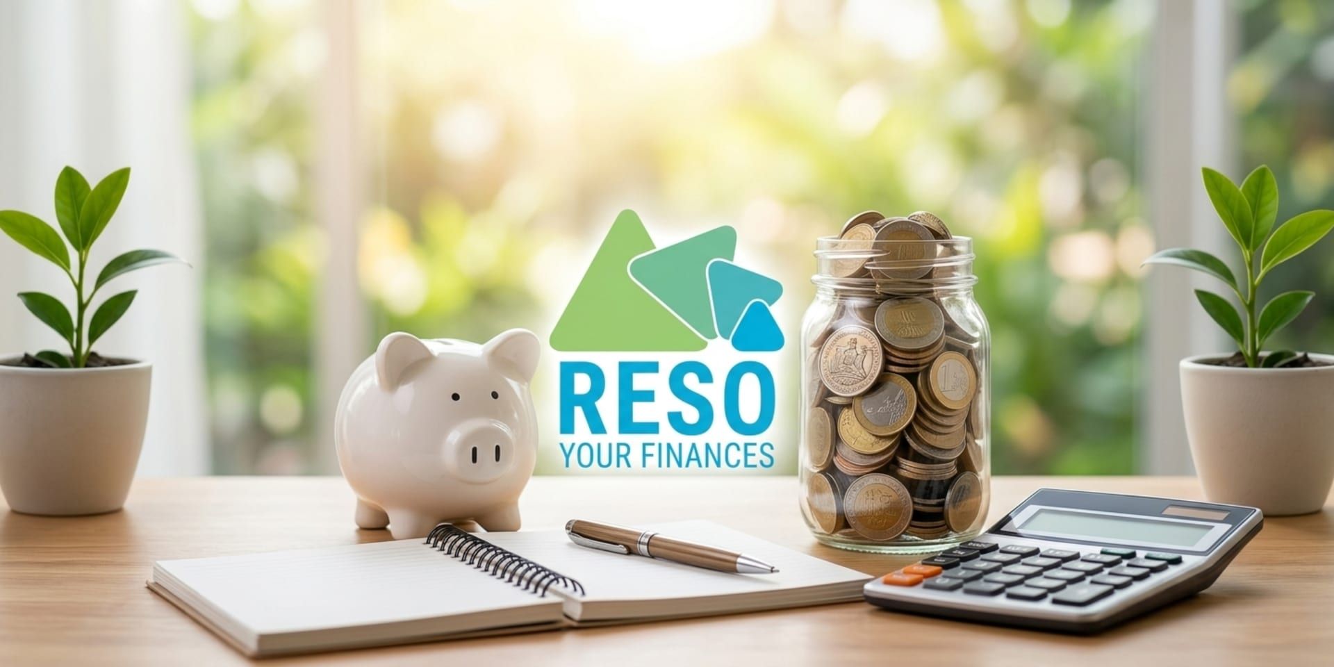 Piggy bank, coin jar, calculator, and notebook illustrating retirement savings and financial planning.