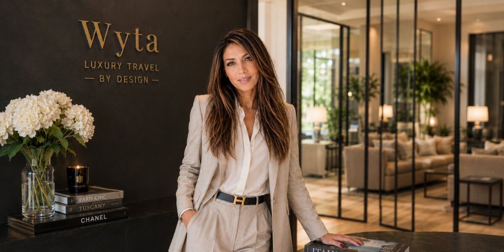 Woman standing in elegant luxury travel office beneath “Wyta Luxury Travel by Design” sign.
