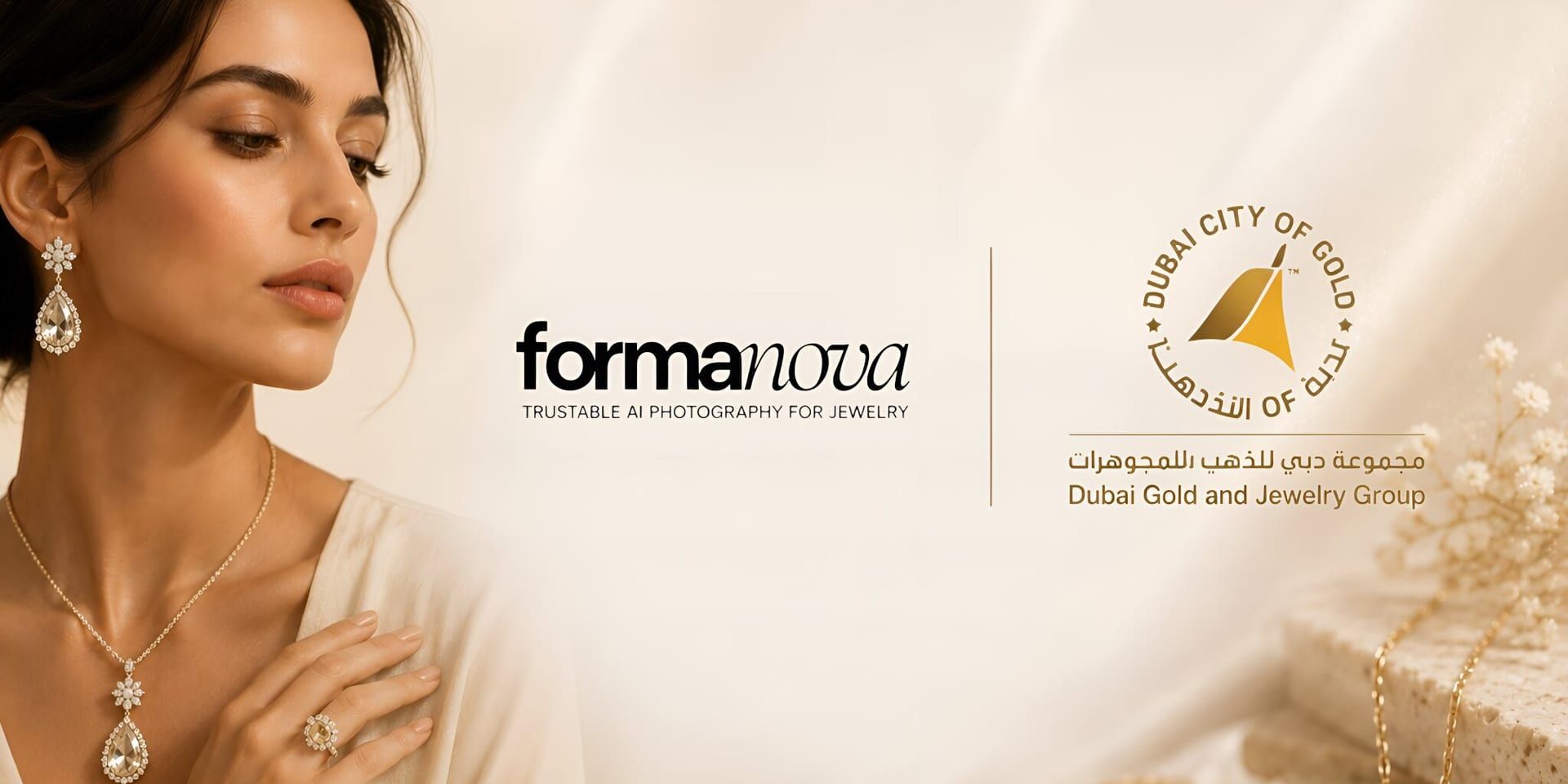 Woman modeling diamond jewelry beside FormaNova and Dubai Gold and Jewelry Group logos announcing AI partnership for jewelry industry innovation.
