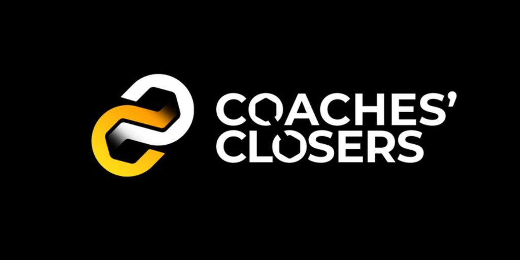 Coaches Closers logo in white and yellow on black background.