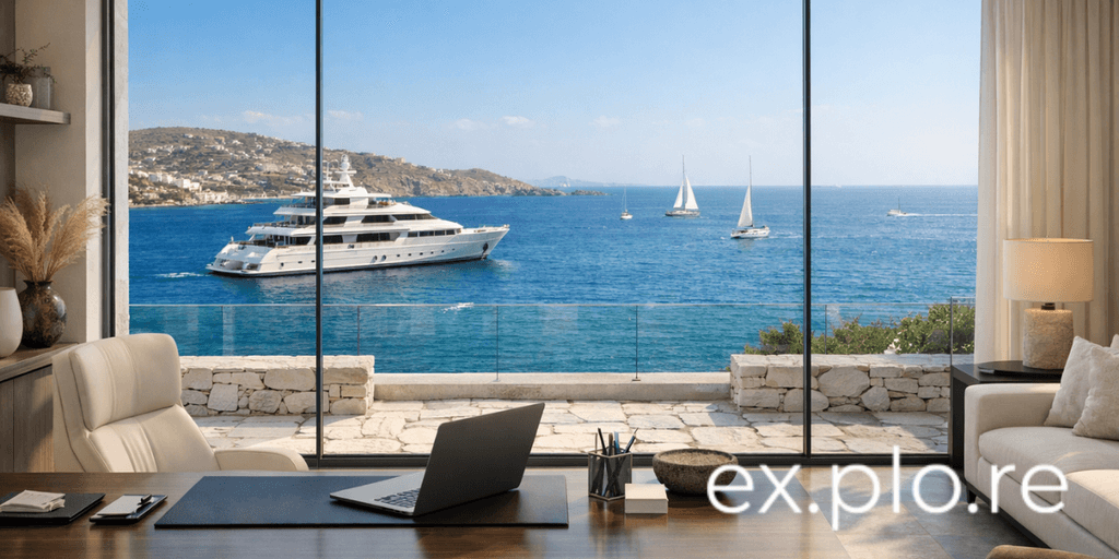 Luxury office overlooking the sea with a superyacht, sailboats, and panoramic coastal views through floor-to-ceiling windows.