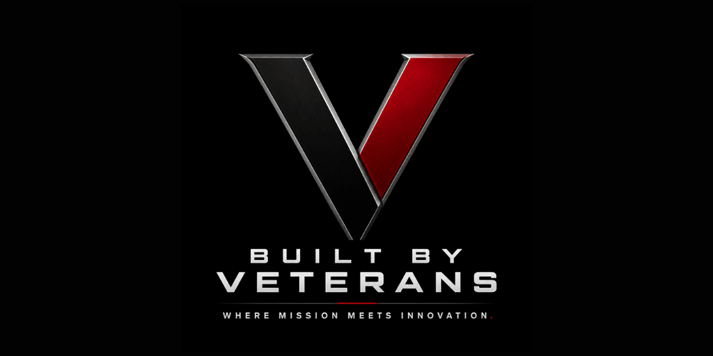 Built By Veterans logo with stylized red and black V and mission statement on black background.