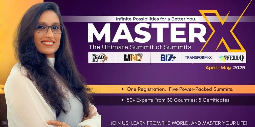 Prithee Ajodah, emotional healing expert, stands smiling in front of a colorful background promoting the MasterX summit event.