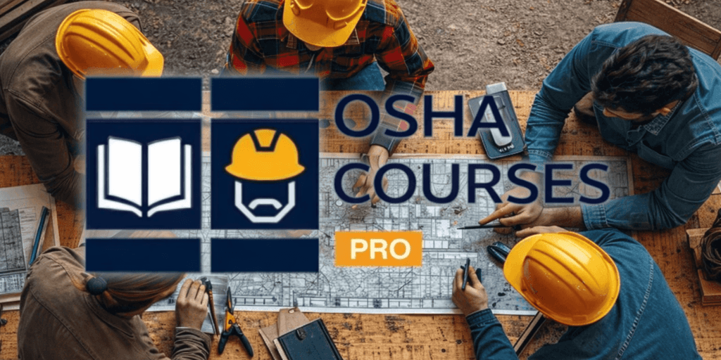OSHA Courses Pro logo with construction workers collaborating over plans, emphasizing mobile-first, tech-driven workplace safety training solutions