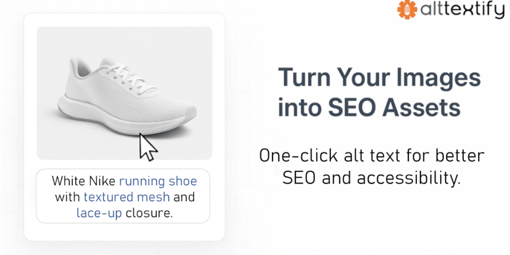 White Nike running shoe with textured mesh and lace-up closure, featured in an image showcasing AI-powered one-click alt text for improved SEO and accessibility by Alttextify.