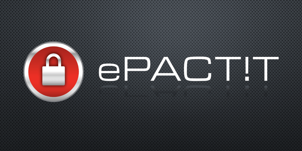 ePACT!T logo featuring a silver and red circular padlock icon next to the brand name 'ePACT!T' in white futuristic font on a dark textured background, representing digital security and modern e-signature technology.