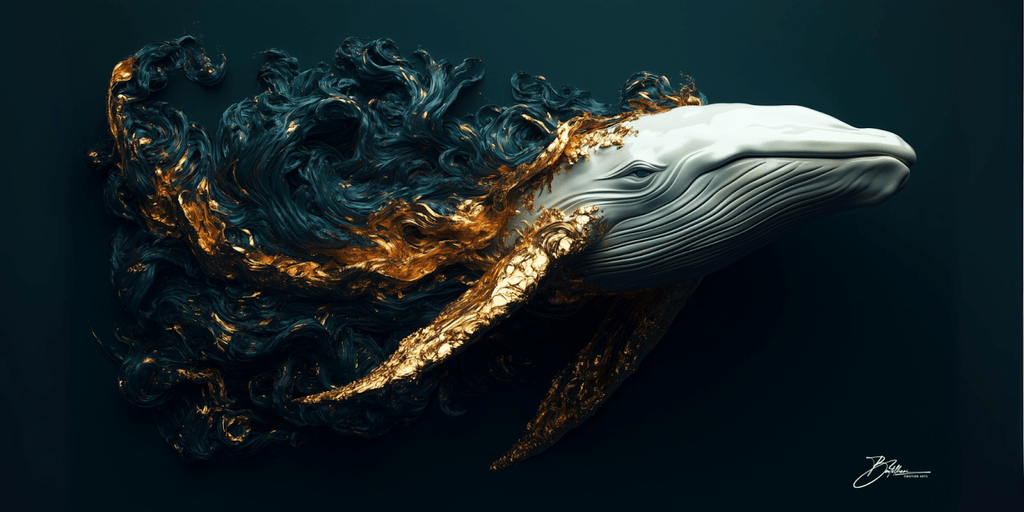 Surreal 3D artwork of a whale swimming through flowing golden and blue waves, representing freedom and grace, with a smooth, glossy finish on the whale's body.