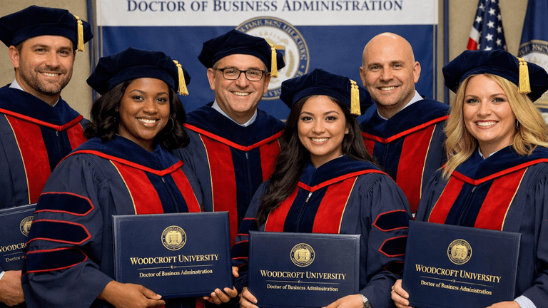 Graduates from Woodcroft University proudly holding their Doctor of Business Administration degrees, reflecting the institution's commitment to academic excellence