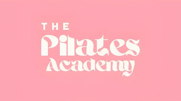 White stylized text reading "The Pilates Academy" on a soft pink background. The design is elegant and modern, conveying a calm and inviting tone.