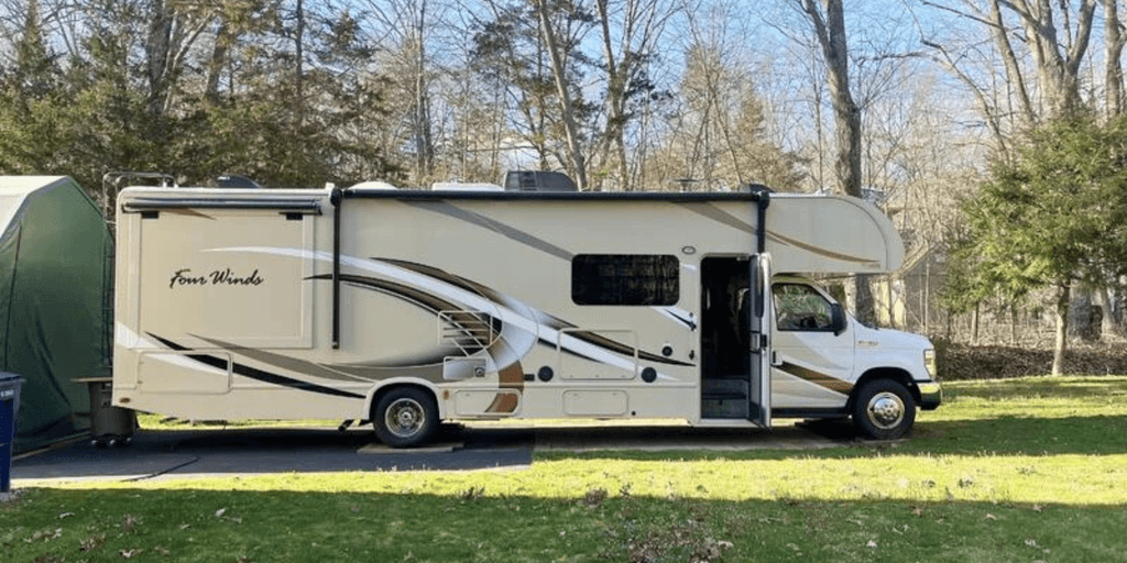 An RV in a scenic natural setting, symbolizing a digital detox and reconnection with nature.