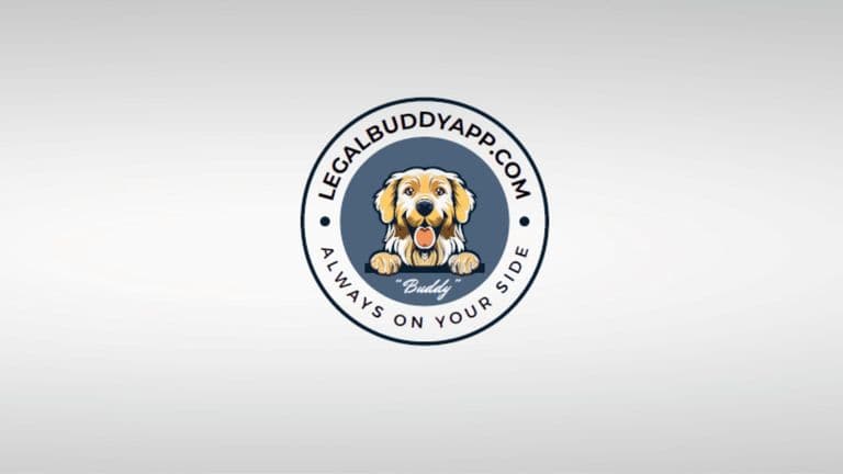 LegalBuddyApp logo featuring a cartoon golden retriever dog named Buddy, with the text 'LEGALBUDDYAPP.COM' and the tagline 'ALWAYS ON YOUR SIDE' below, representing a legal support service app.