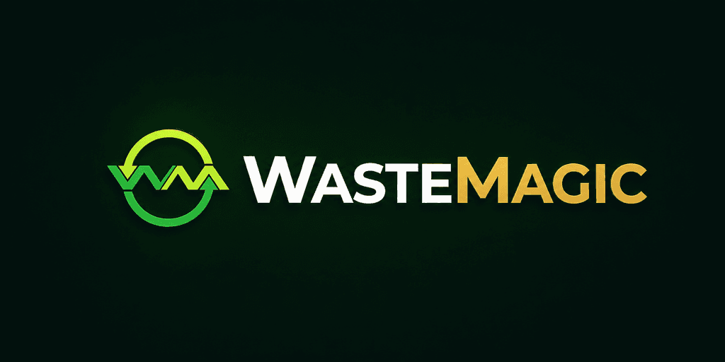 Logo of WasteMagic featuring green and gold text on a dark background