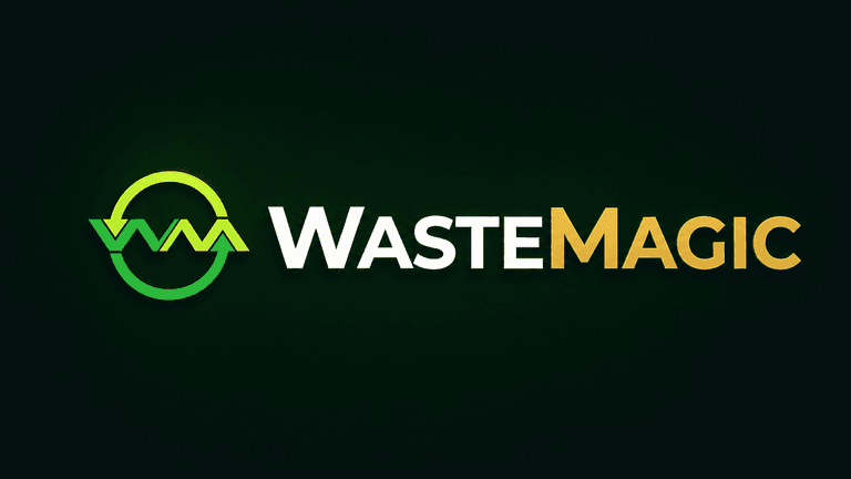Logo of WasteMagic featuring green and gold text on a dark background