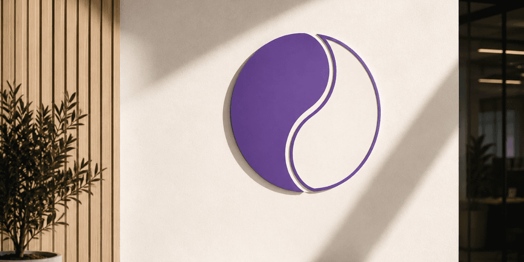 Purple and white circular logo on a textured wall with sunlight casting shadows