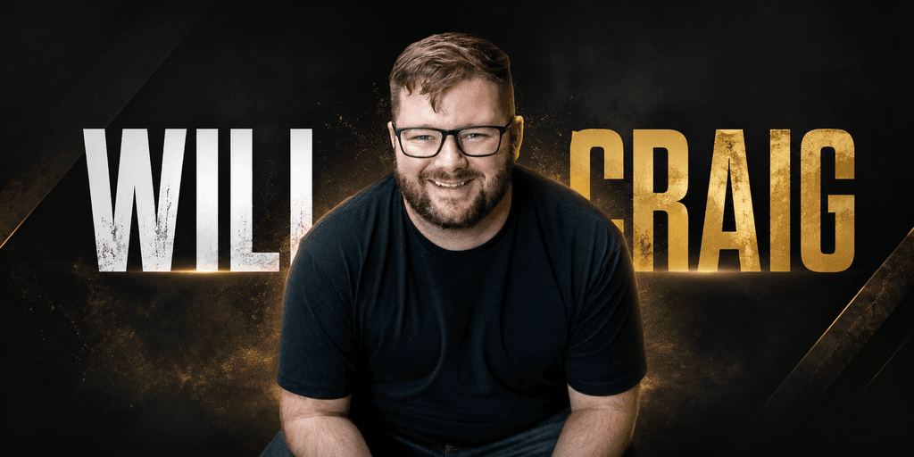 Smiling man with glasses sits against a dark background featuring his name in bold text