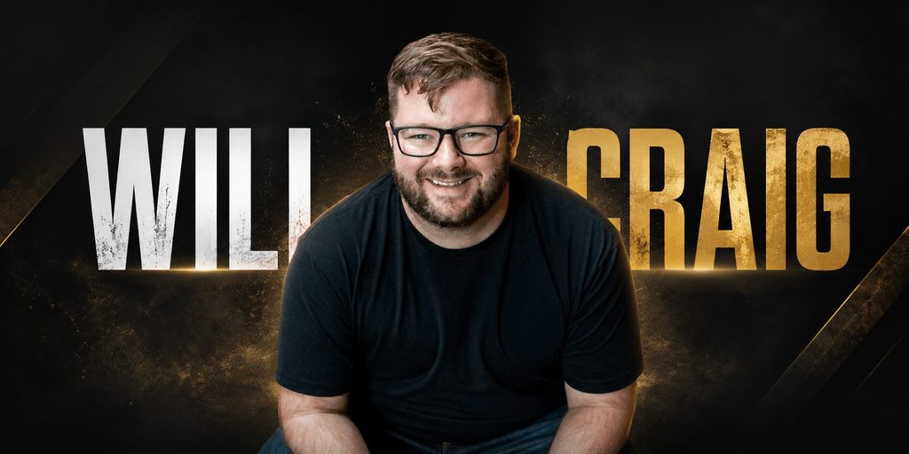 Smiling man with glasses sits against a dark background featuring his name in bold text