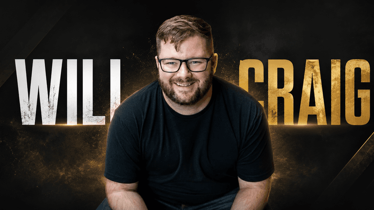 Smiling man with glasses sits against a dark background featuring his name in bold text