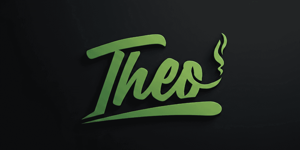 Stylized green text of the name "Theo" on a dark background
