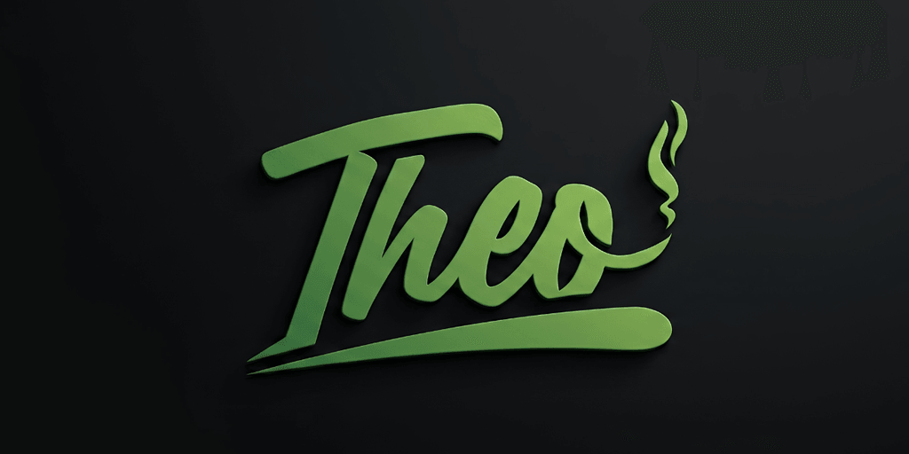 Stylized green text of the name "Theo" on a dark background