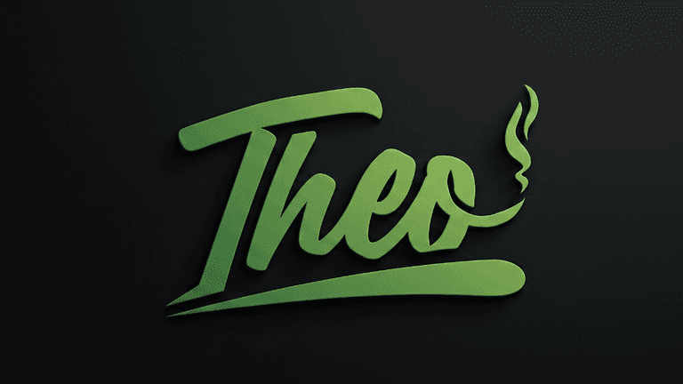 Stylized green text of the name "Theo" on a dark background