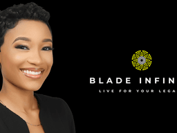 A smiling woman with short hair and earrings beside the text "Blade Infinitii Live for Your Legacy"