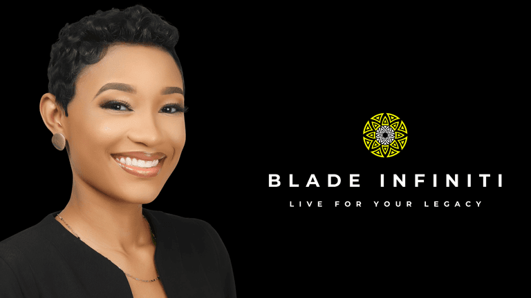 A smiling woman with short hair and earrings beside the text "Blade Infinitii Live for Your Legacy"