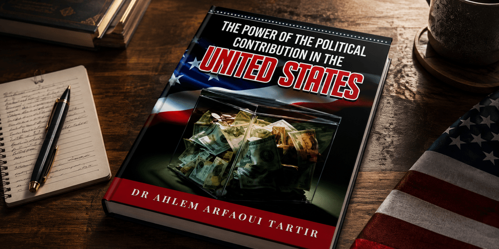 Book on political contributions in the US with cash in a transparent bag on the cover