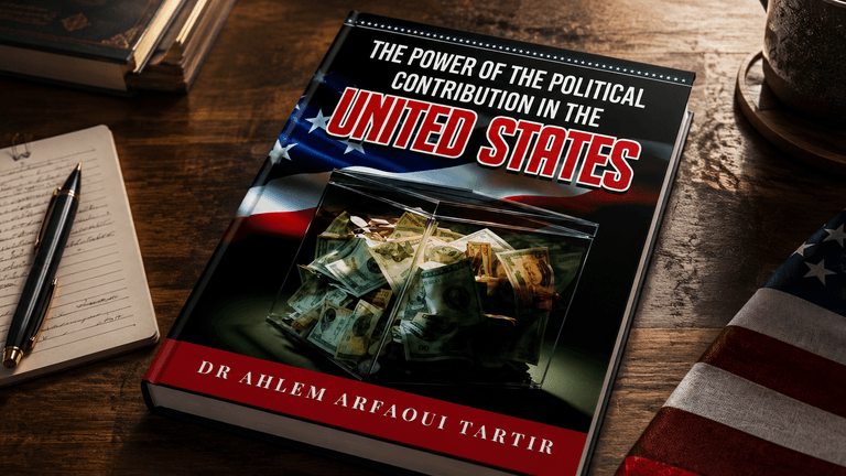 Book on political contributions in the US with cash in a transparent bag on the cover