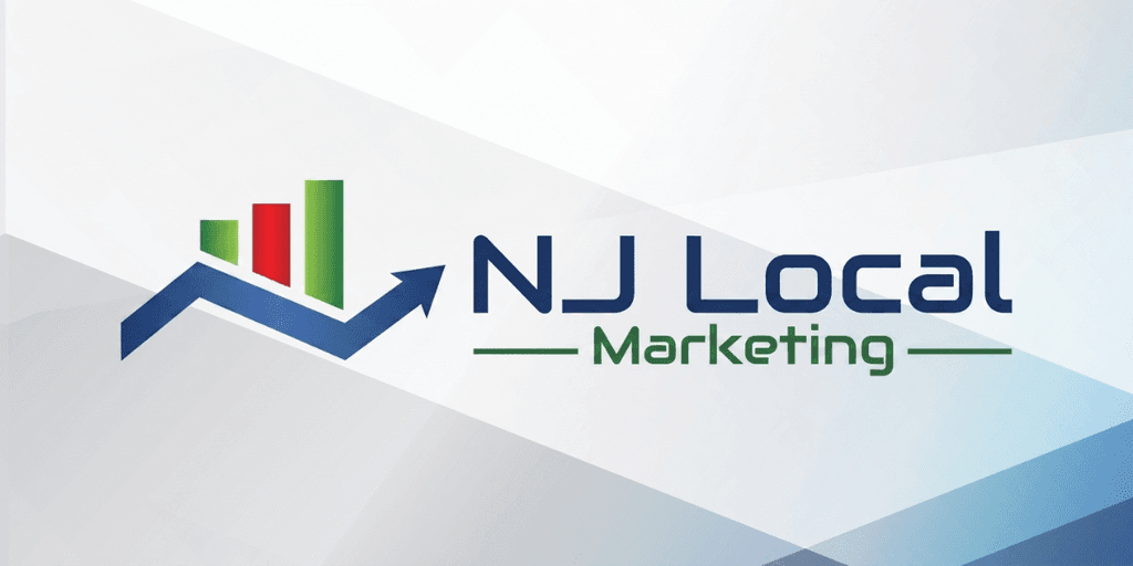 Logo for NJ Local Marketing featuring upward trend bars and a blue arrow