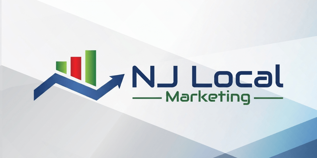 Logo for NJ Local Marketing featuring upward trend bars and a blue arrow