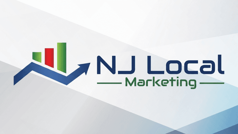 Logo for NJ Local Marketing featuring upward trend bars and a blue arrow